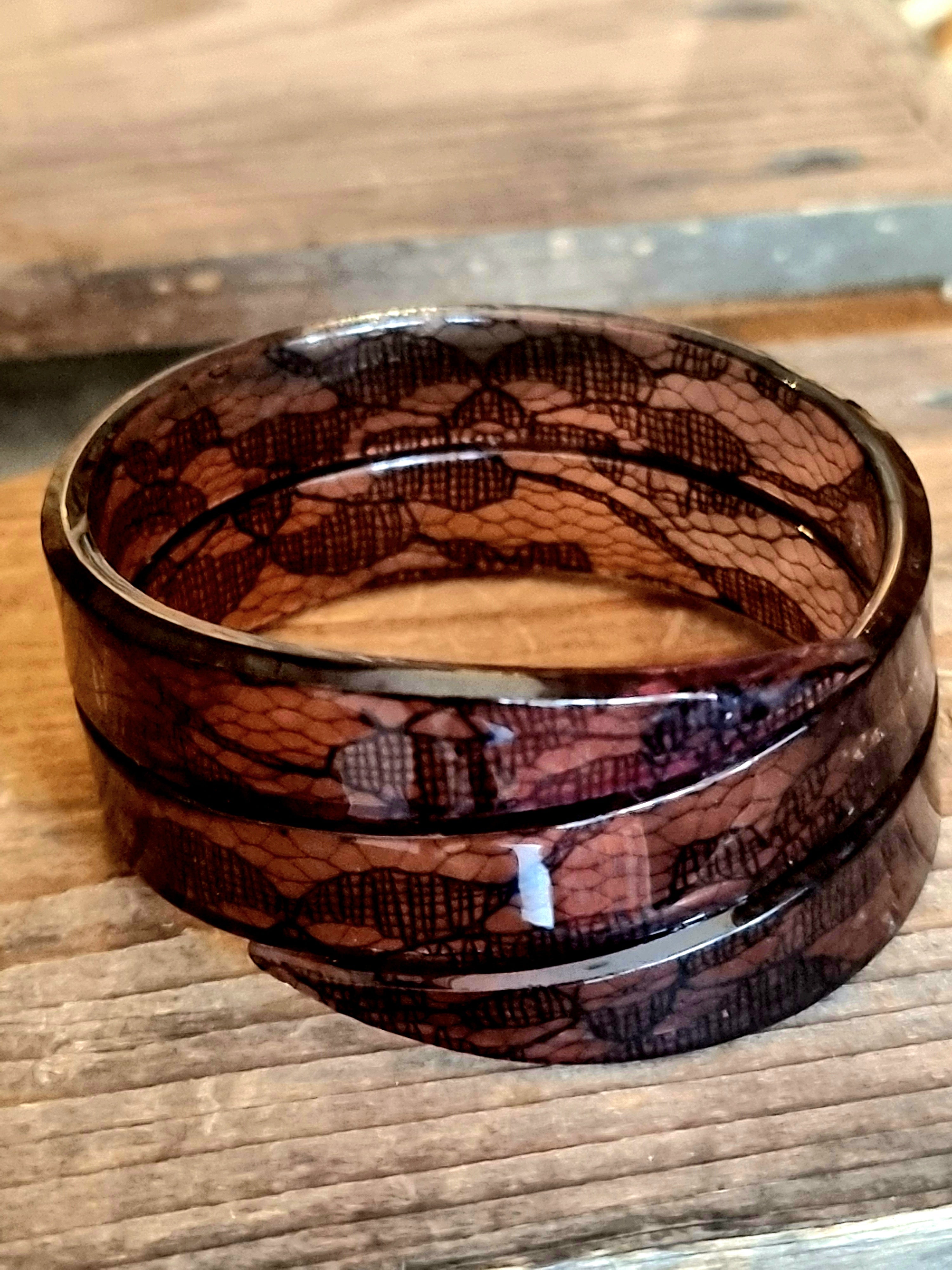 Vintage 1980's Resin Bangle French Bracelet With Embedded Lace