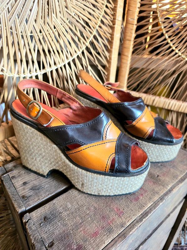 Vintage 70s Moulin Rouge Platform Sandals Shoes