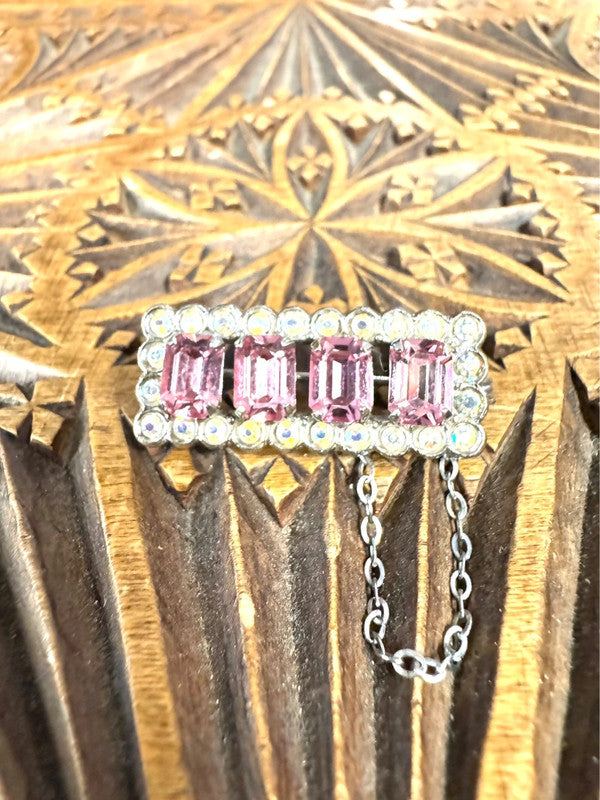 Vintage Costume Silver-Tone Clear & Pink Rhinestone Brooch