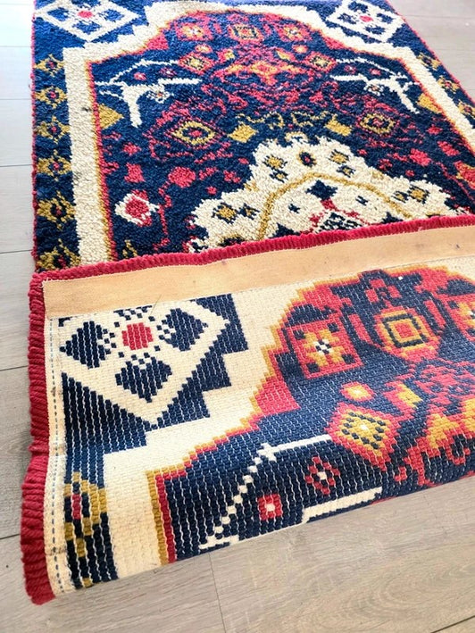 Vintage Hand-Knotted Tribal Rug - Geometric Medallion - Navy & Crimson