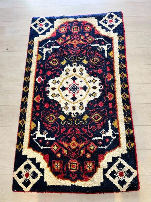 Vintage Hand-Knotted Tribal Rug - Geometric Medallion - Navy & Crimson