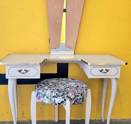 Vintage French Vanity Desk /Flip-Up Mirror & Floral Stool
