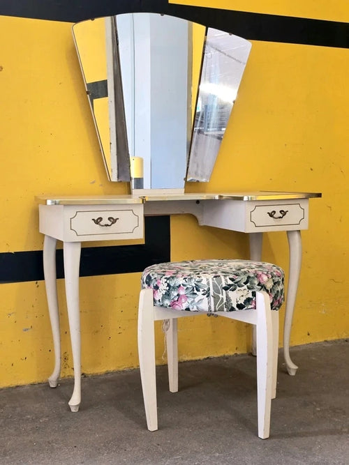 Vintage French Vanity Desk /Flip-Up Mirror & Floral Stool