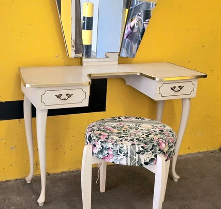 Vintage French Vanity Desk /Flip-Up Mirror & Floral Stool