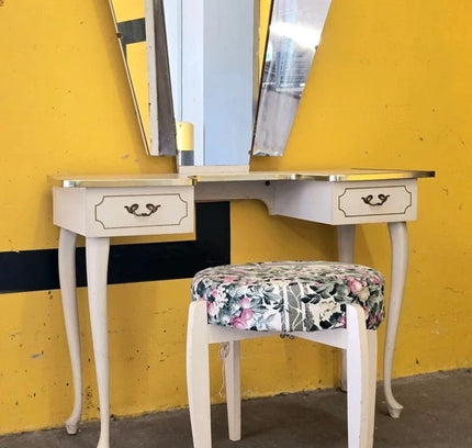 Vintage French Vanity Desk /Flip-Up Mirror & Floral Stool