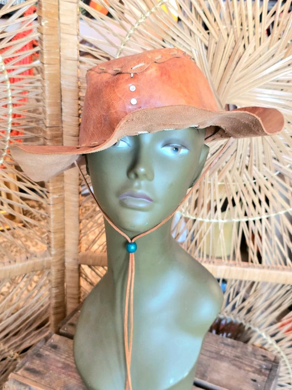 Vintage 80s Leather Cowboy Hat