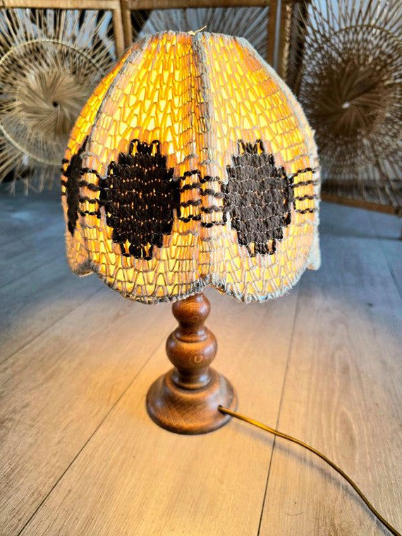 Vintage 70s Woven Boho Table Lamp -Tafellampen