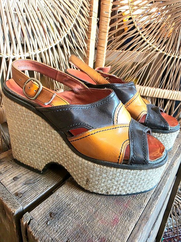 Vintage 70s Moulin Rouge Platform Sandals Shoes