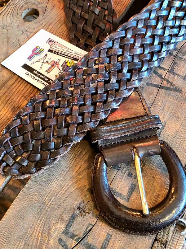 Vintage brown leather long braided belt