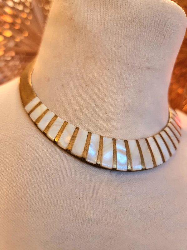 Vintage 70's Mother Of Pearl & Brass Choker Necklace