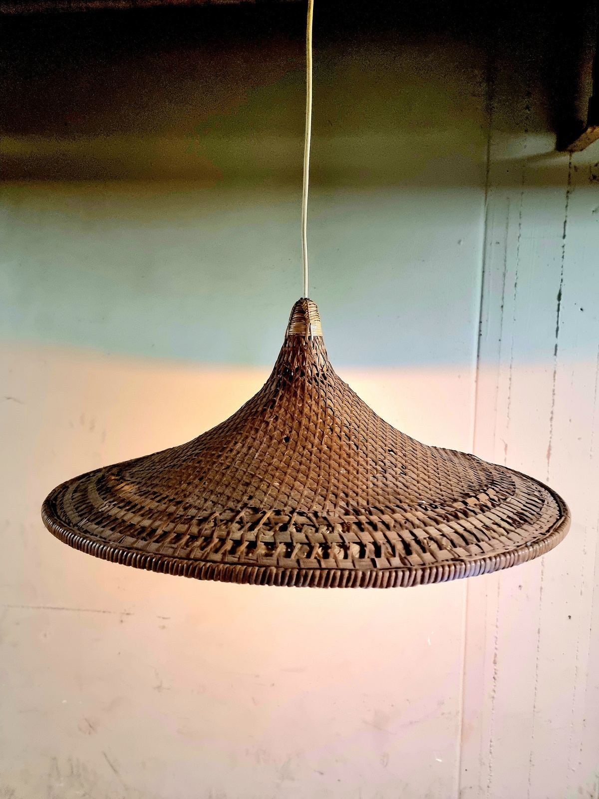 Vintage 60s Boho Rattan Bamboo Trumpet Hang Lamp