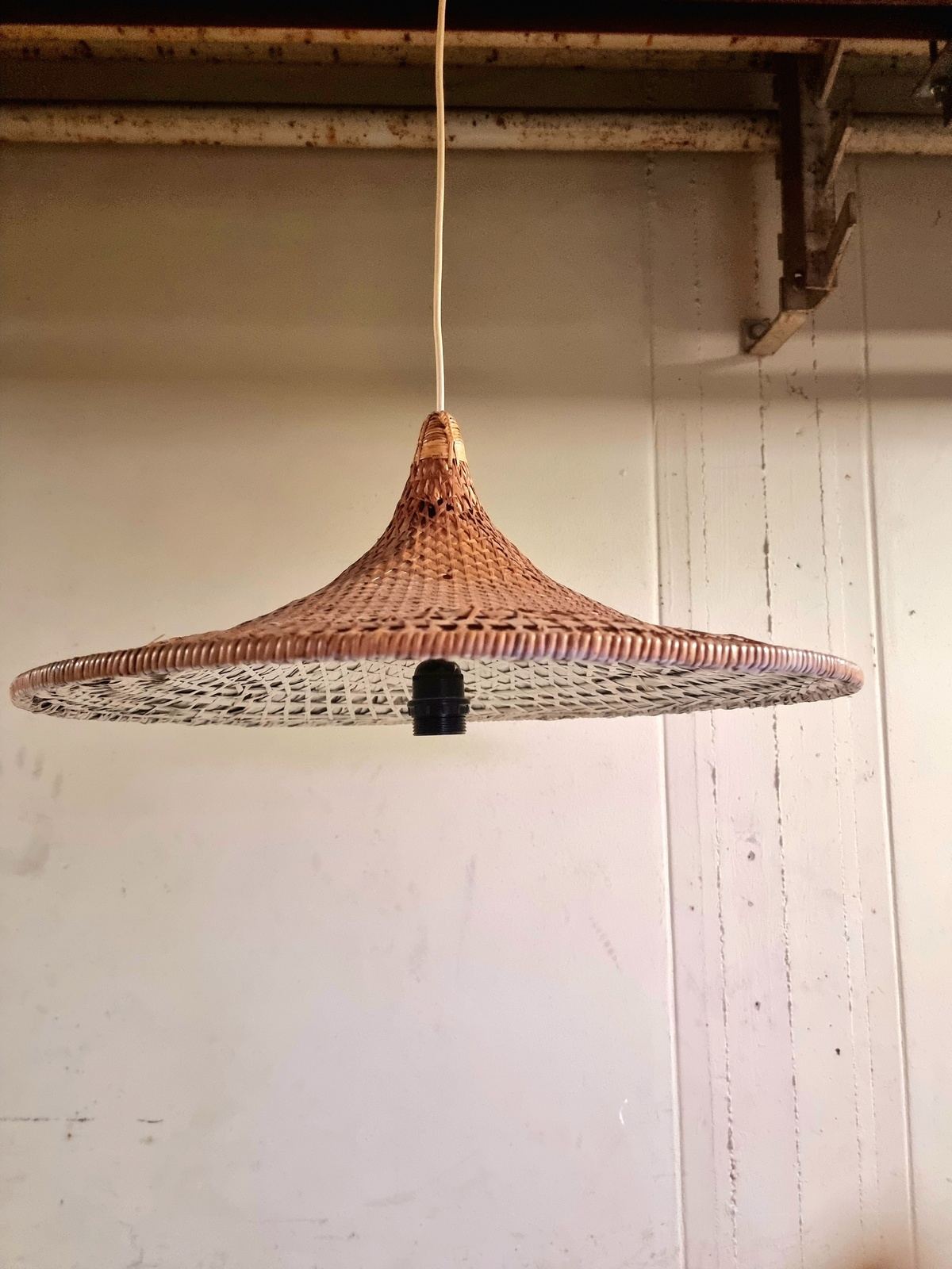 Vintage 60s Boho Rattan Bamboo Trumpet Hang Lamp