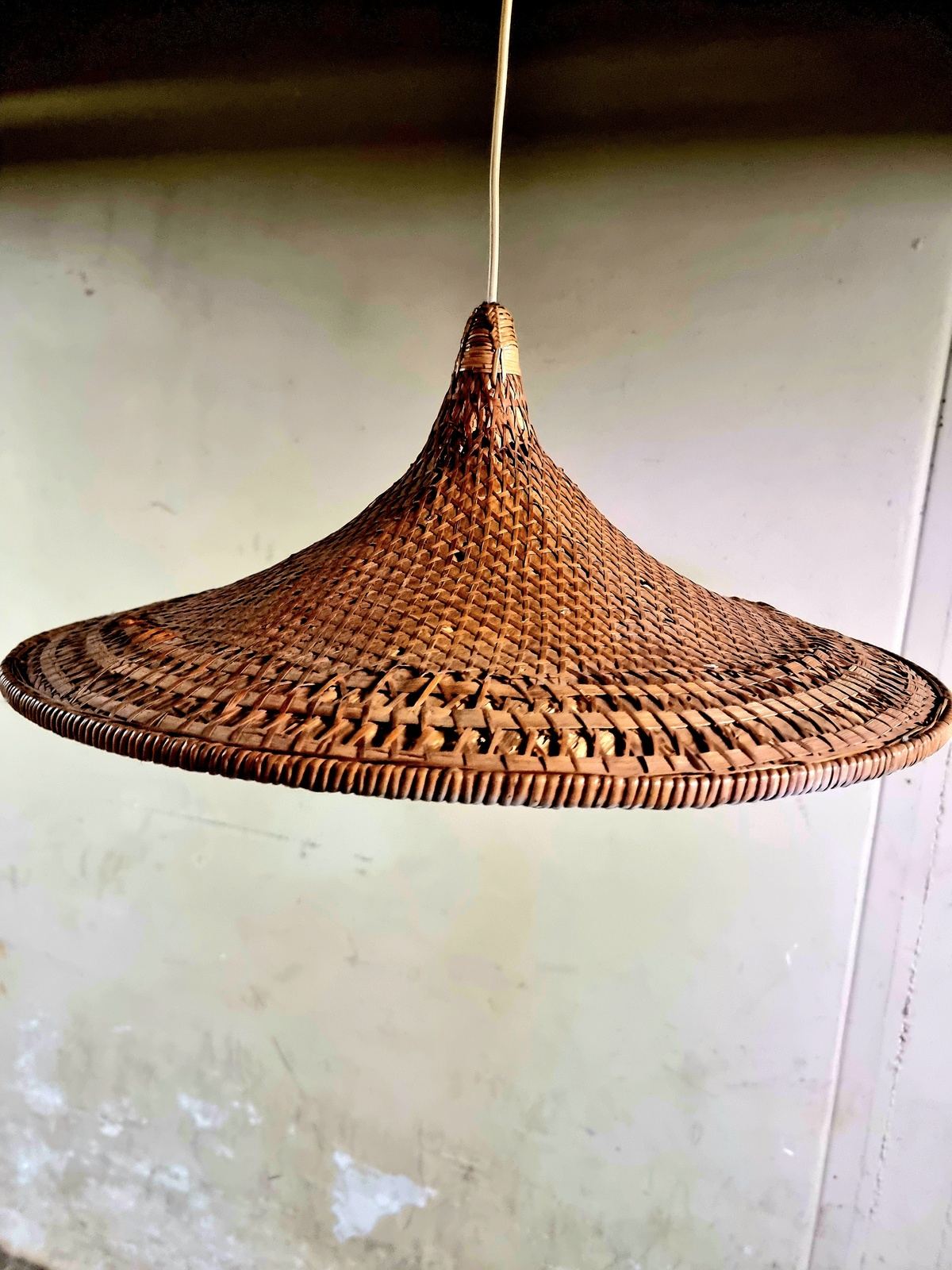 Vintage 60s Boho Rattan Bamboo Trumpet Hang Lamp