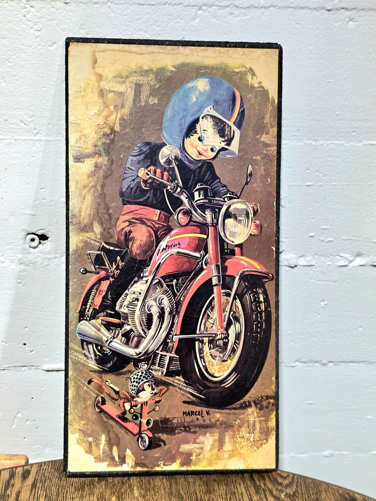 Vintage 60s /70s "Poulbot" character on a motorcycle, Signed