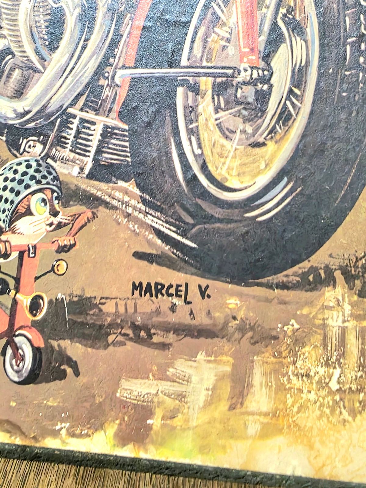 Vintage 60s /70s "Poulbot" character on a motorcycle, Signed