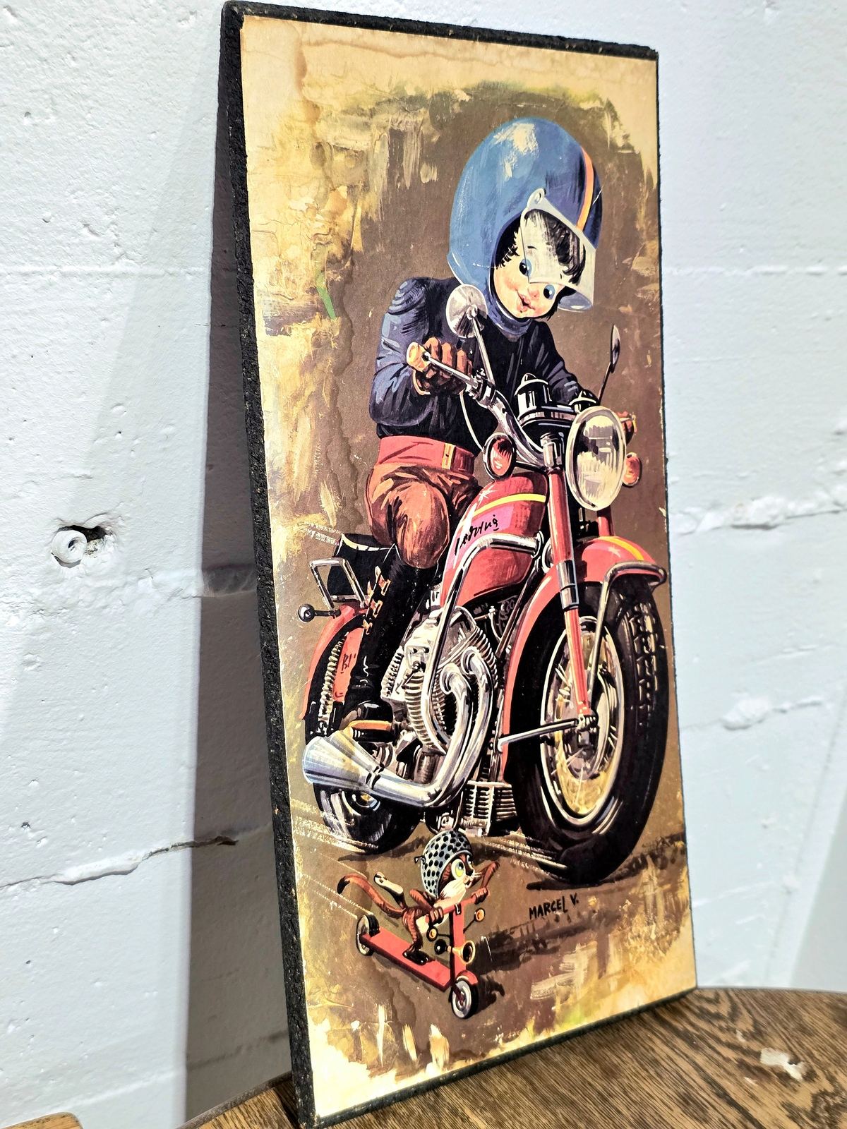 Vintage 60s /70s "Poulbot" character on a motorcycle, Signed