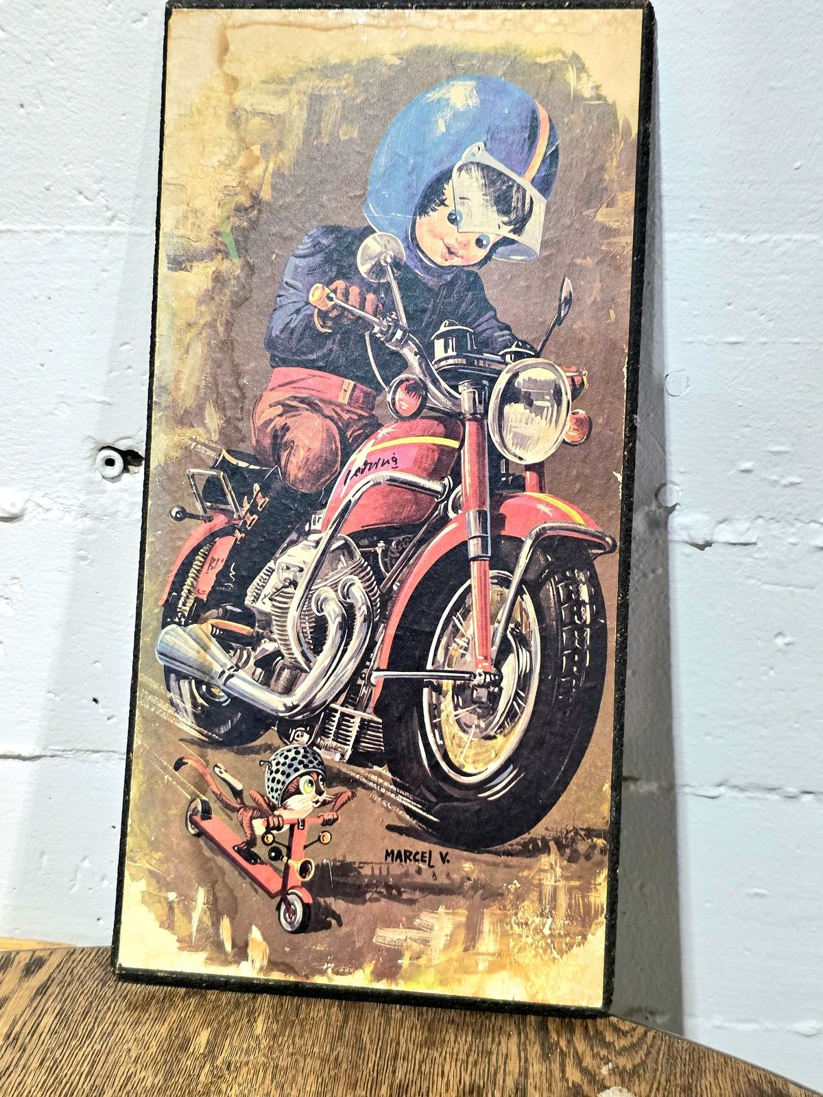 Vintage 60s /70s "Poulbot" character on a motorcycle, Signed