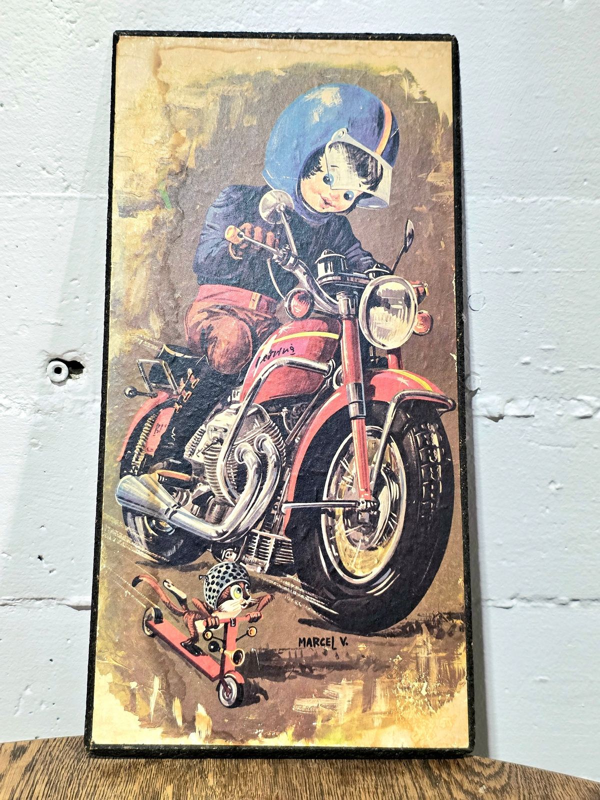 Vintage 60s /70s "Poulbot" character on a motorcycle, Signed