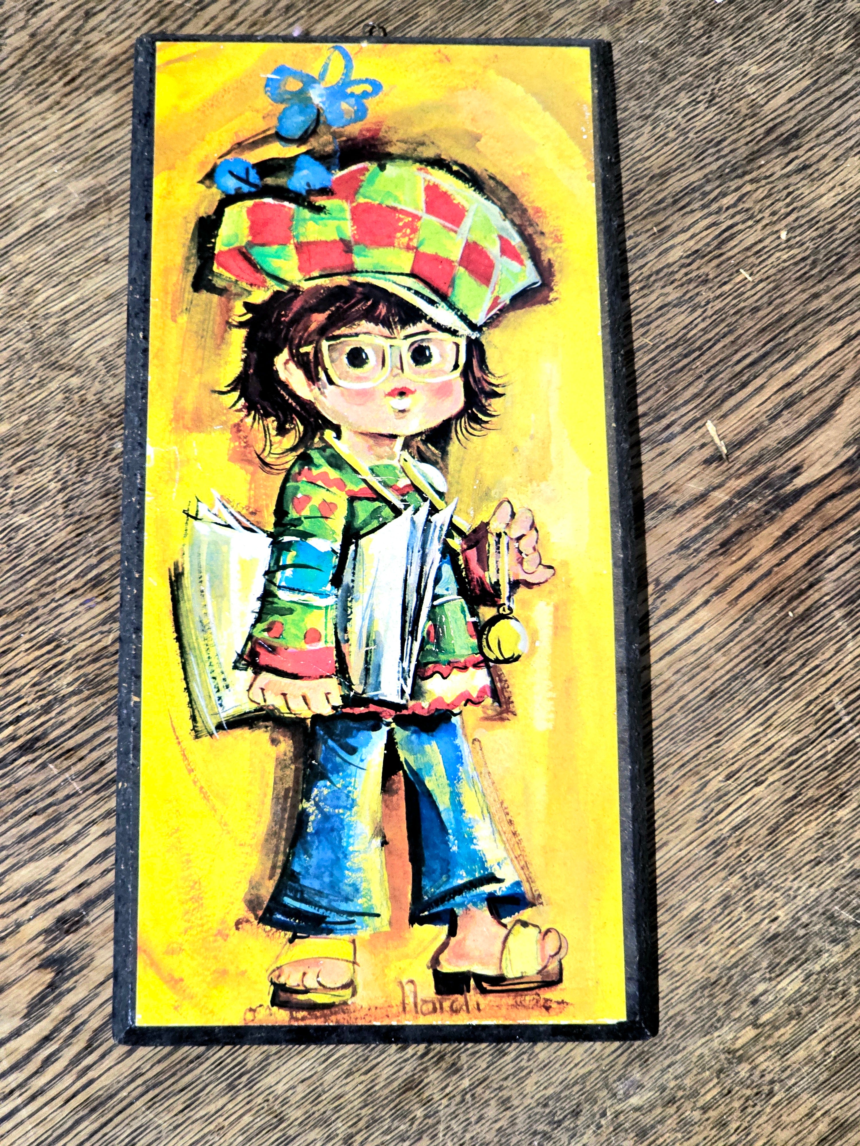 Vintage 1970 Signed Jolylle Big Eyed Children Art Wall Decor