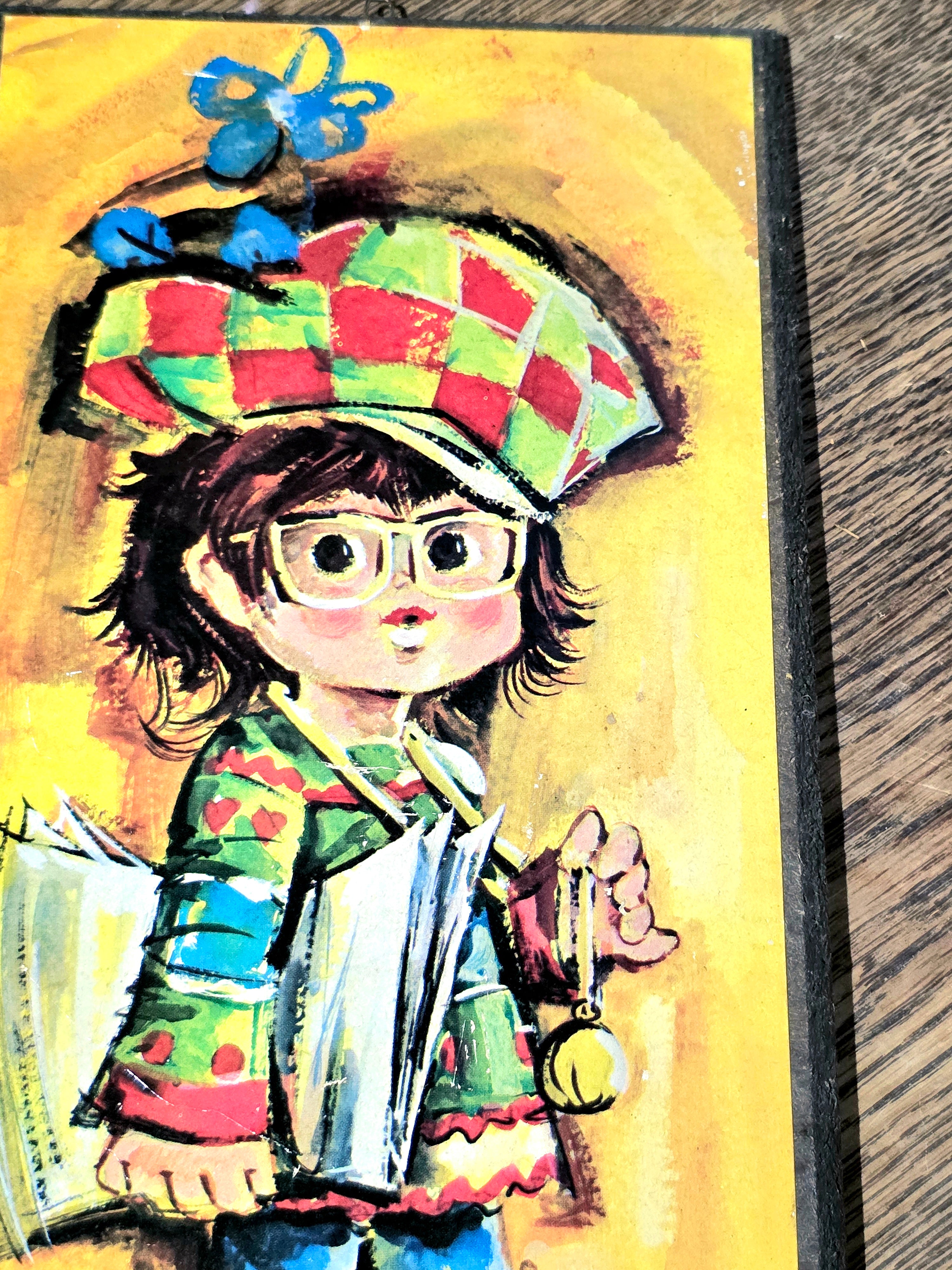 Vintage 1970 Signed Jolylle Big Eyed Children Art Wall Decor