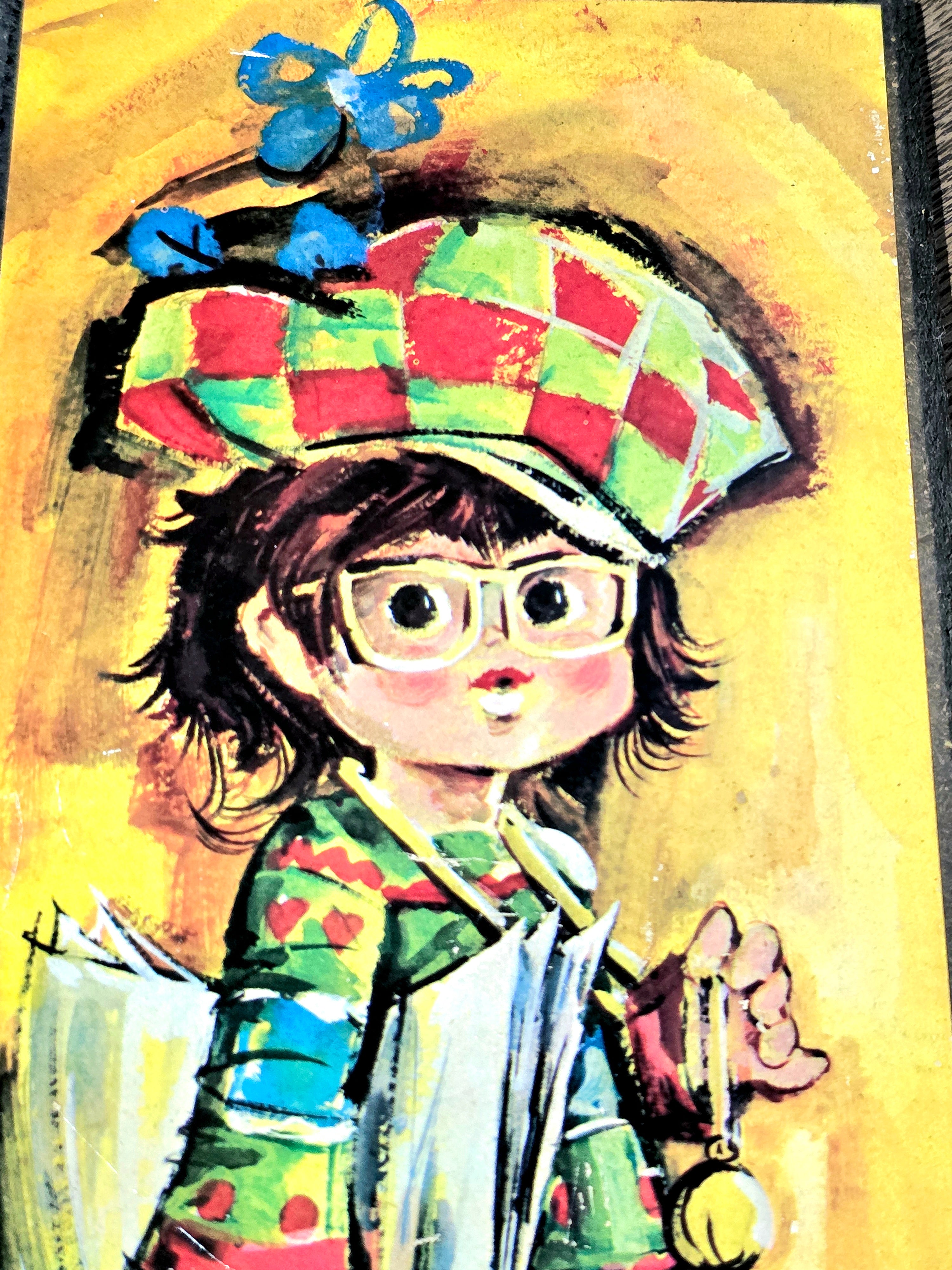 Vintage 1970 Signed Jolylle Big Eyed Children Art Wall Decor
