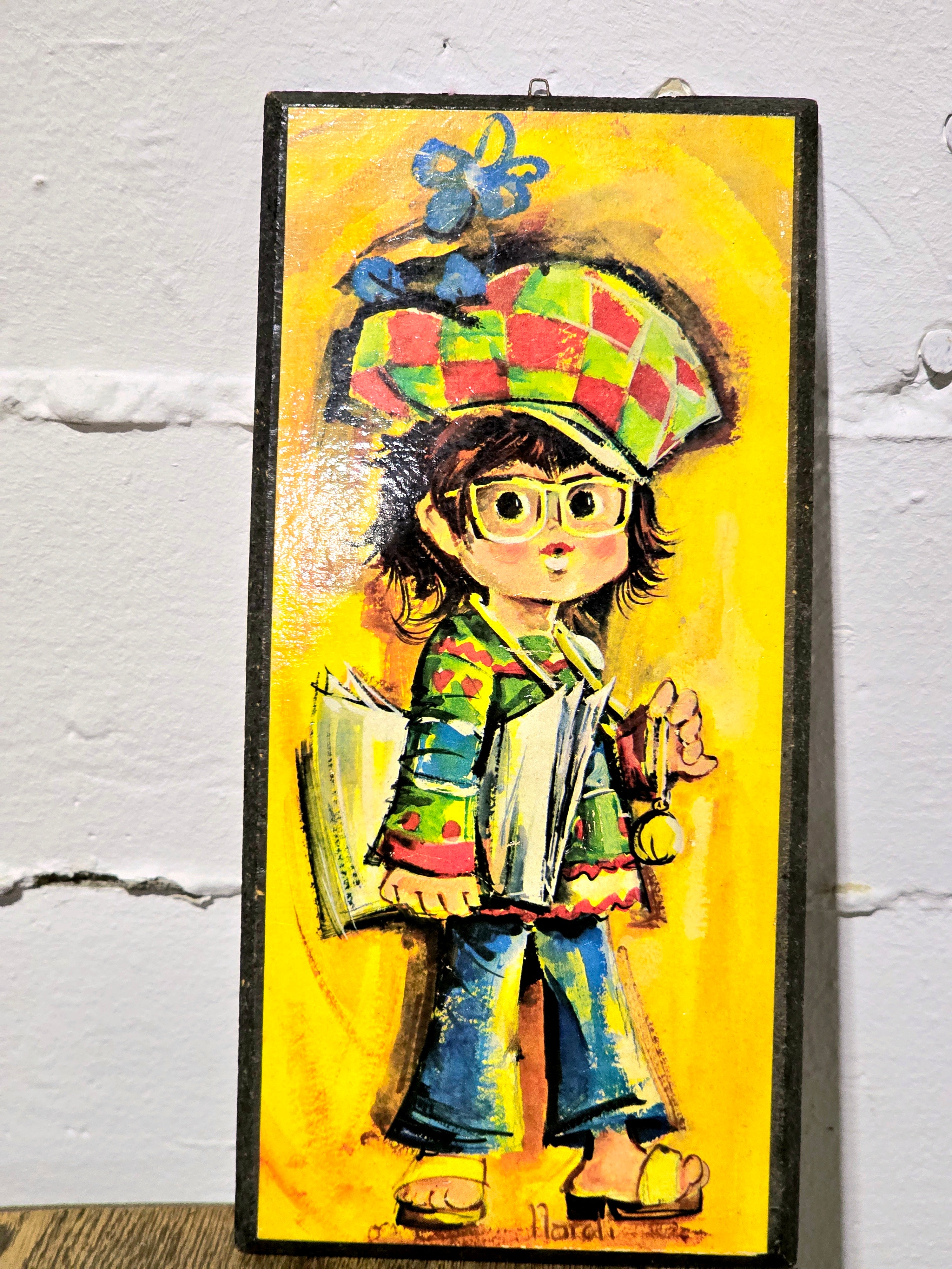 Vintage 1970 Signed Jolylle Big Eyed Children Art Wall Decor