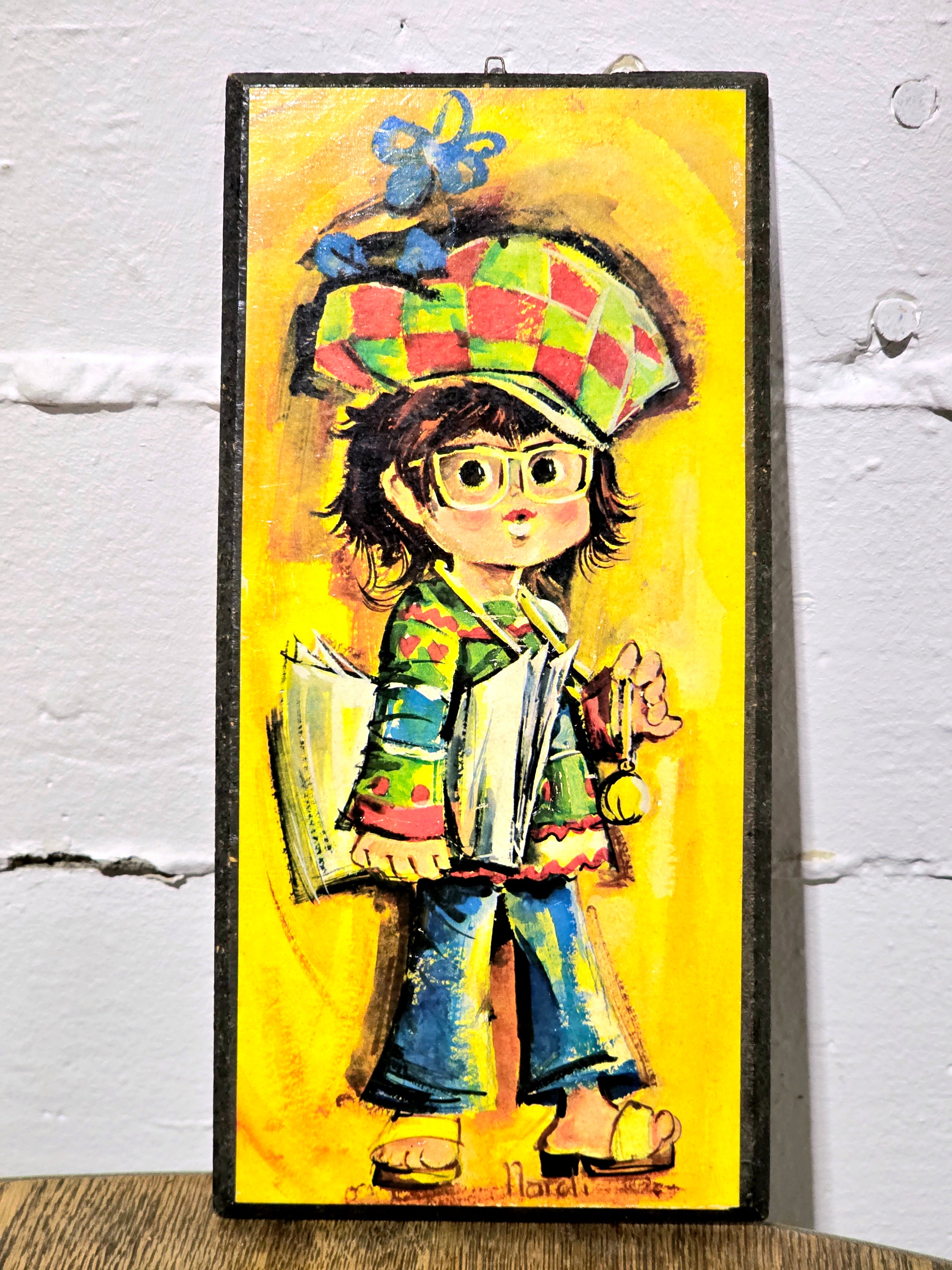 Vintage 1970 Signed Jolylle Big Eyed Children Art Wall Decor
