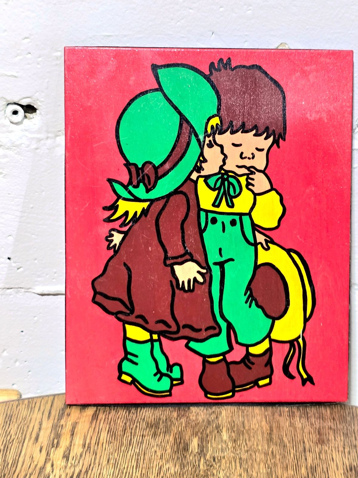 Vintage 70s illustrated Wood Panel Painting