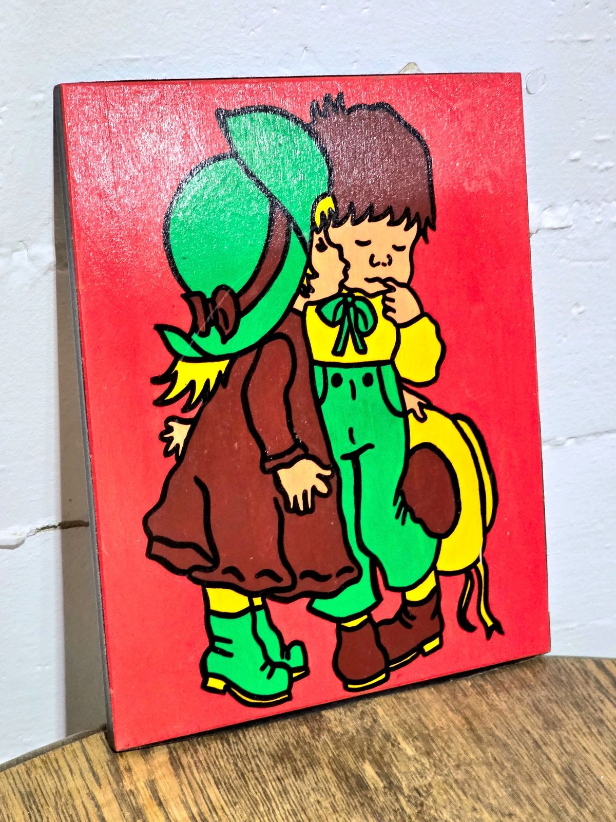 Vintage 70s illustrated Wood Panel Painting