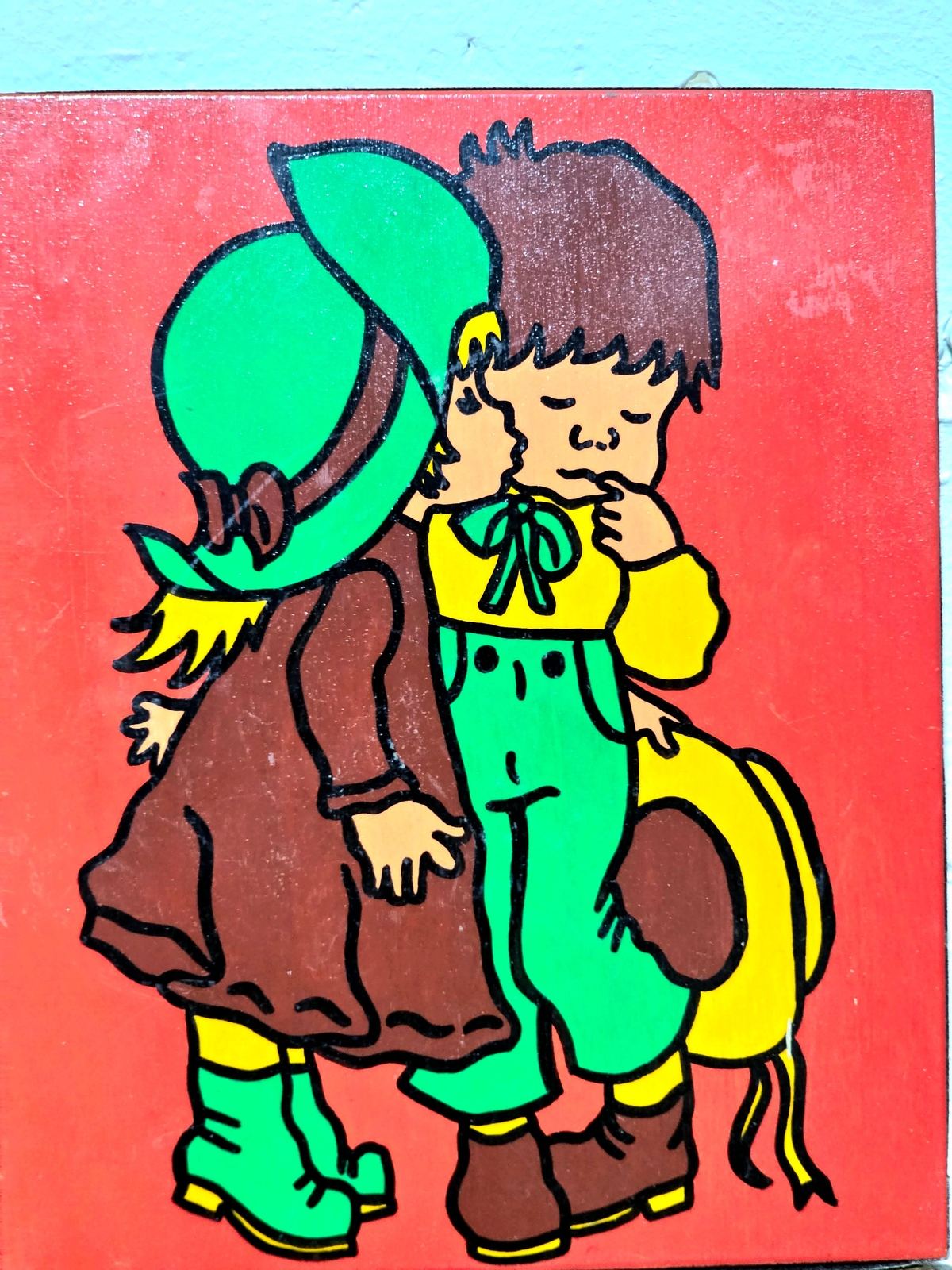 Vintage 70s illustrated Wood Panel Painting