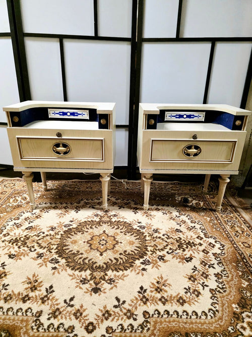Vintage 1960s Mid-Century French KUOM Nightstand – Lighted Drop-Front Cabinet (Set )