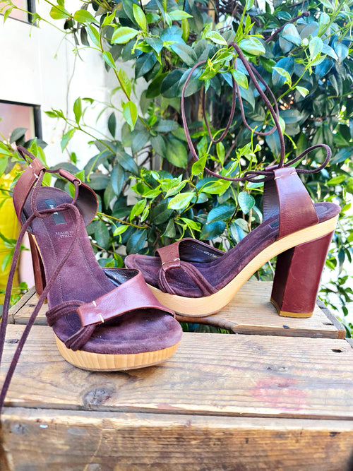 Bally Vintage Wooden Platform Sandals - Mahogany Leather Lace-Up Sandal Heels