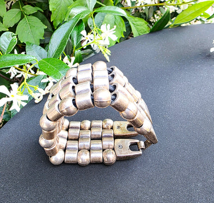 JOSH Vintage Wide Silver-Plated Beaded Link Cuff Bracelet