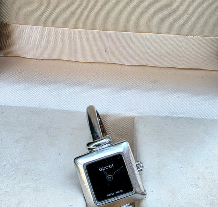 Vintage Gucci 1900L Stainless Steel Bangle Watch - Black Square Dial Luxury Cuff
