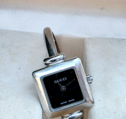 Vintage Gucci 1900L Stainless Steel Bangle Watch - Black Square Dial Luxury Cuff