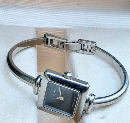 Vintage Gucci 1900L Stainless Steel Bangle Watch - Black Square Dial Luxury Cuff