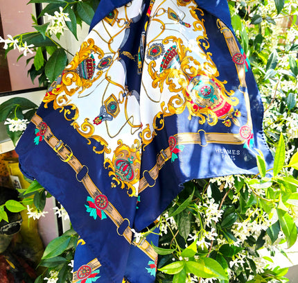 Vintage Hermès Paris Baroque Silk Scarf – Navy Blue & Gold Royal Crest Motif
