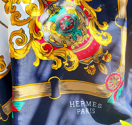 Vintage Hermès Paris Baroque Silk Scarf – Navy Blue & Gold Royal Crest Motif