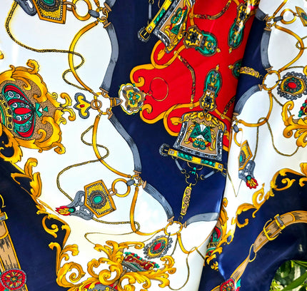 Vintage Hermès Paris Baroque Silk Scarf – Navy Blue & Gold Royal Crest Motif