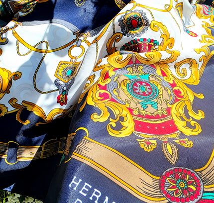 Vintage Hermès Paris Baroque Silk Scarf – Navy Blue & Gold Royal Crest Motif