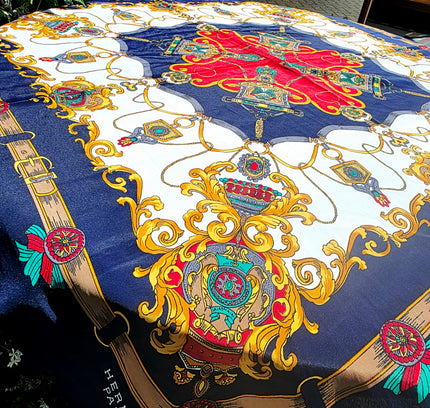 Vintage Hermès Paris Baroque Silk Scarf – Navy Blue & Gold Royal Crest Motif
