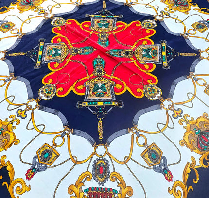 Vintage Hermès Paris Baroque Silk Scarf – Navy Blue & Gold Royal Crest Motif