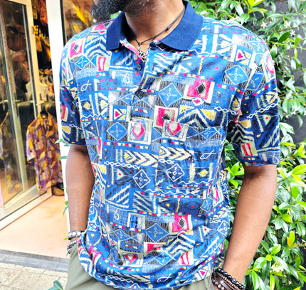 Vintage 90s Rodrigo Italian Patchwork Tribal Print Polo Shirt