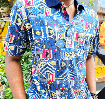 Vintage 90s Rodrigo Italian Patchwork Tribal Print Polo Shirt