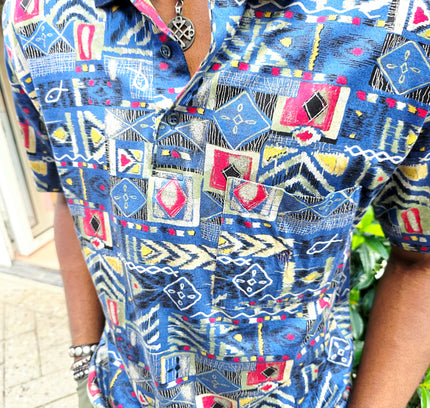 Vintage 90s Rodrigo Italian Patchwork Tribal Print Polo Shirt