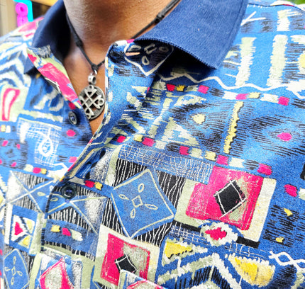 Vintage 90s Rodrigo Italian Patchwork Tribal Print Polo Shirt