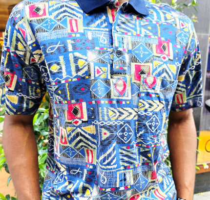 Vintage 90s Rodrigo Italian Patchwork Tribal Print Polo Shirt