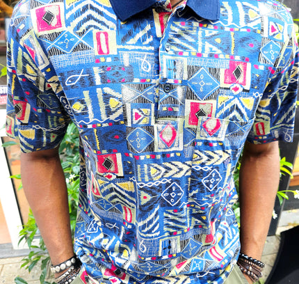 Vintage 90s Rodrigo Italian Patchwork Tribal Print Polo Shirt