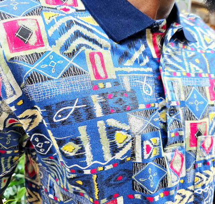 Vintage 90s Rodrigo Italian Patchwork Tribal Print Polo Shirt