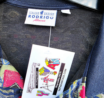 Vintage 90s Rodrigo Italian Patchwork Tribal Print Polo Shirt